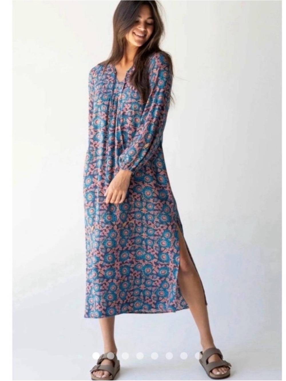 Natural Life Lizzie Midi Dress Teal Coral Boho Long Sleeve Small lightweight
